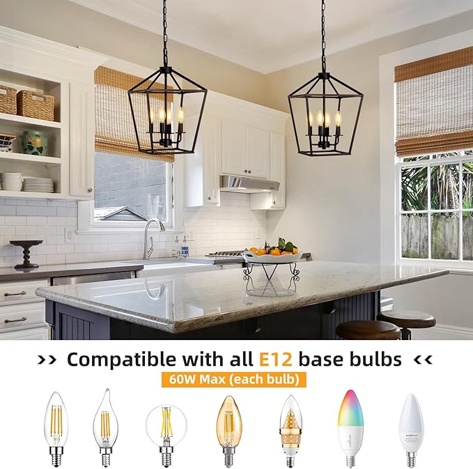 4 Light Chandelier, Industrial Ceiling Light Black Lantern Light Fixtures with Farmhouse Metal Cage Adjustable Height Rustic Geometric Hanging Light E12 Base for Kitchen Island, Entryway, Indoor-CasaMuseHome