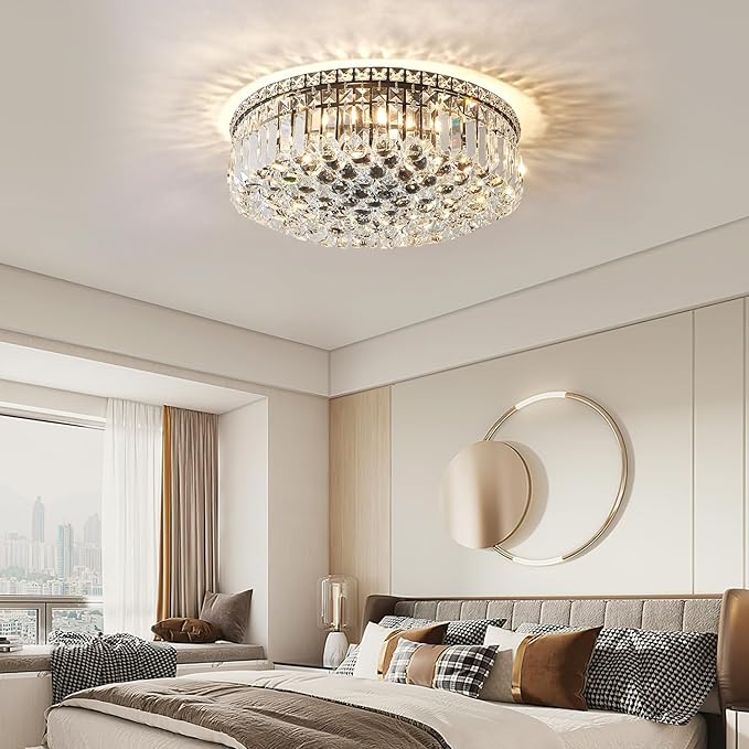 6-Lights Black Crystal Flush Mount Chandelier Light Fixture K9 Crystals Modern Ceiling Lights Elegant Pendant Lamp for Bedroom,Hallway,Bar,Living Room,Dining Room,H5.9 xW20 (Bulbs Not Included)-CasaMuseHome