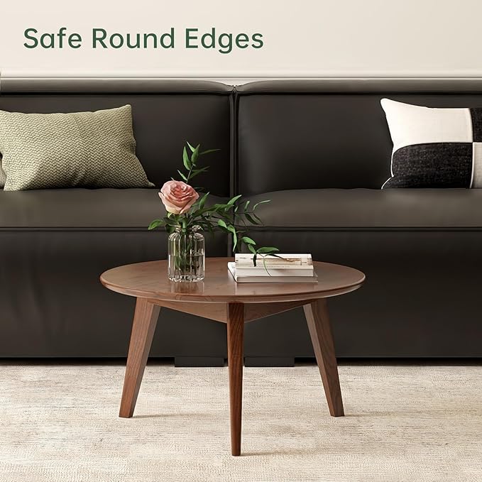 100% Solid Oak Wood Mini Coffee Table, Round Living Room Table Side Table w/Solid Wood Legs, Walnut Mid Century Sturdy Tables for Bedroom Balcony Living Room (23.62" D x 13.78" H)-CasaMuseHome