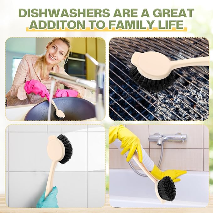 16 Pack Dish Brush with Handle Dish Scrubber Brush with Built-in Scraper Kitchen Scrub with Stiff Bristles Long Scrubber for Home Restaurant Pot Sink Washing Cleaning Supplies, Beige-CasaMuseHome