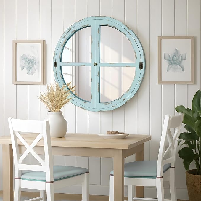 30" Round Window Mirror, Vintage Coastal Wall Mirror with Distressed Blue Wood Frame & Faux Windowpanes, Farmhouse Cottagecore Decor for Living Room, Entryway, or Dining Room-CasaMuseHome