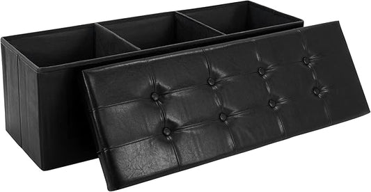 43 Inches Folding Storage Ottoman Bench, PU Leather Storage Chest, Footrest Padded Seat for Bedroom and Hallway, Holds up to 660 lbs, Black-CasaMuseHome