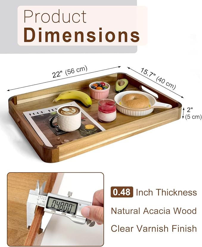 22 Inches Acacia Wood Serving Tray with Handles, Large Wooden Rectangle Ottoman Tray, Nice Home Decor for Living Room Coffee Table Couch, Ideal Size for Serving Food Breakfast BBQ Party-CasaMuseHome