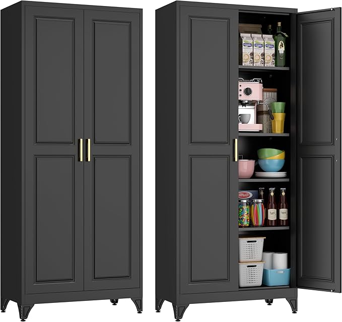 75" Kitchen Pantry Cabinet, Black Metal Storage Cabinets with 2 Doors and 4 Adjustable Shelves, Tall Pantry Storage Cabinet for Kitchen, Dining Room, Living Room-CasaMuseHome