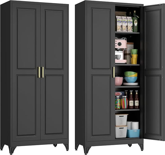 75" Kitchen Pantry Cabinet, Black Metal Storage Cabinets with 2 Doors and 4 Adjustable Shelves, Tall Pantry Storage Cabinet for Kitchen, Dining Room, Living Room-CasaMuseHome