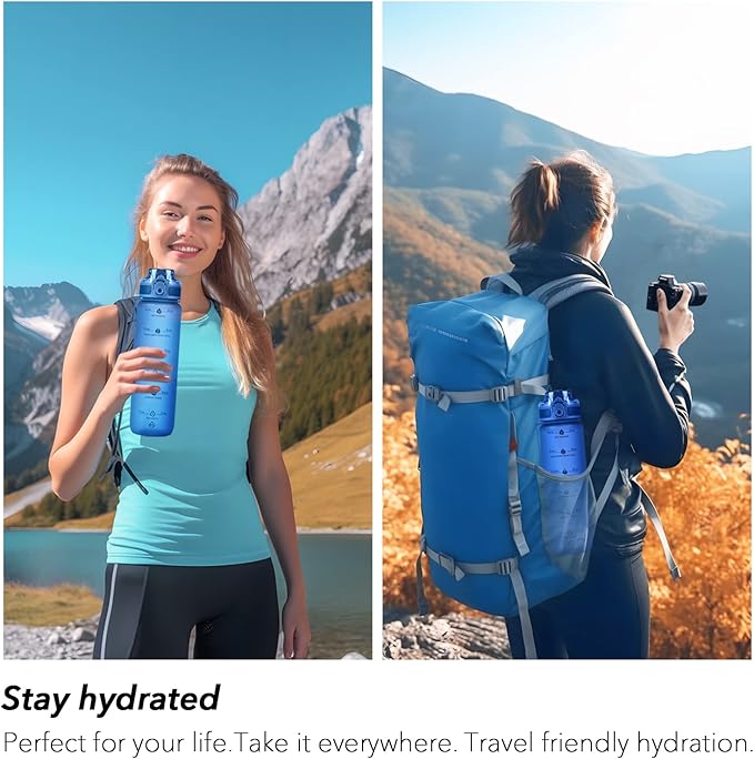 32oz Motivational Water Bottles with Time Marker & Fruit Strainer, Transparent Gradient Color Water Bottle with Times to Drink, Leakproof & BPA Free, Reusable Bottle with Strap (No Straw)-CasaMuseHome