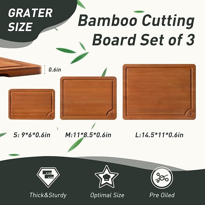3 Packs Bamboo Cutting Board Set with Non Slip Feet and Over Sink Nice Solid Thick Wood Juice Groove Chopping Board Extra Large Big Small Best Hardwood Counter Organic Vegetable Kitchen Gadgets-CasaMuseHome
