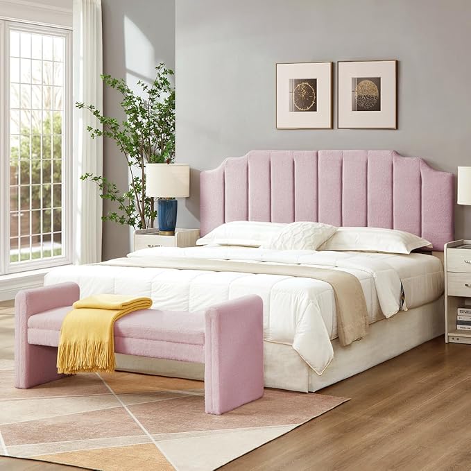 24KF Pink Teddy Fabric Tufted King Upholstered Headboard, Modern Vertical Channel Design California King Headboard with Stepped Silhouette Top Edge,6026-K-Teddy Pink-CasaMuseHome