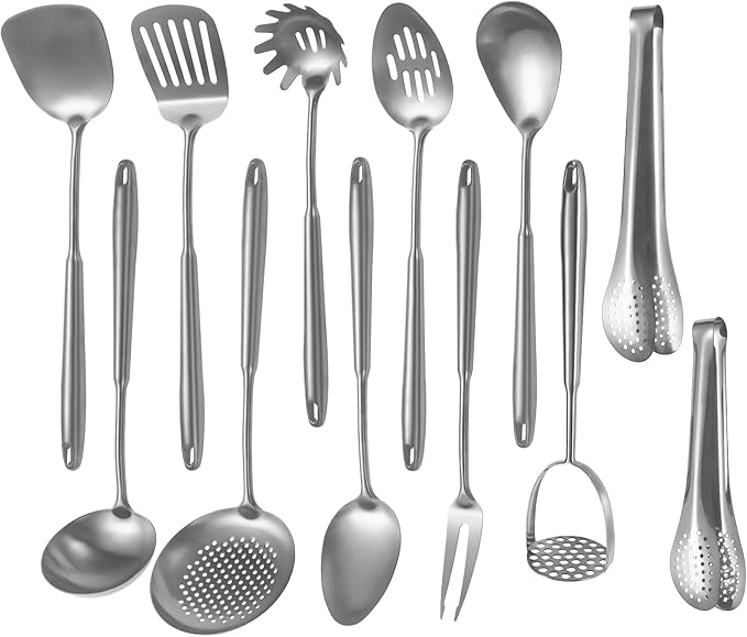 304 Stainlss Steel Kitchen Utensils Set, 12 Pcs Long Metal Cooking Utensil Gadgets Tools Set with Spatula, Ladle, Spoon, Ladle, Skimmer, Tunner, Pasta Server, Tongs(Silver, Dishwasher Safe)-CasaMuseHome