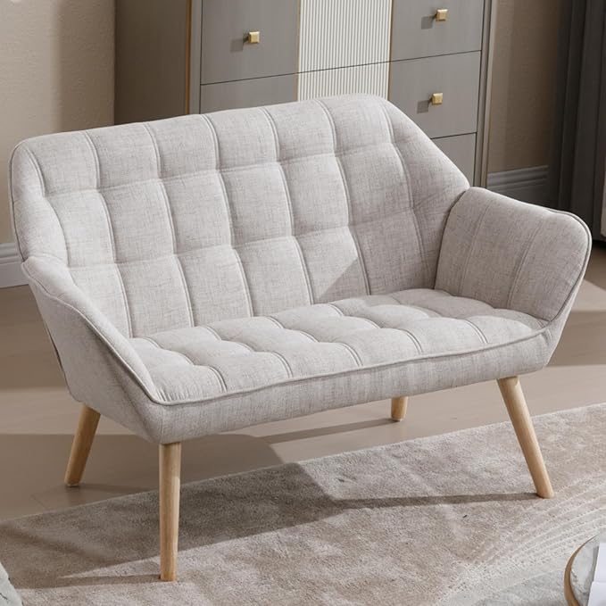 48" Small Loveseat Sofa, Modern Linen Fabric Mini Sofa Couch 2-Seater Love Seat with Quilting Backs and Wood Legs for Living Room, Bedroom and Small Space, Beige-CasaMuseHome