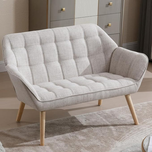 48" Small Loveseat Sofa, Modern Linen Fabric Mini Sofa Couch 2-Seater Love Seat with Quilting Backs and Wood Legs for Living Room, Bedroom and Small Space, Beige-CasaMuseHome