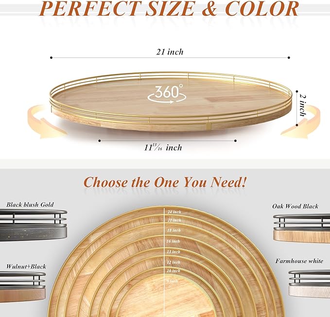 21-Inch Wooden Lazy Susan Turntable – Premium Oak & Iron, Extra Large Rotating Serving Tray for Dining Table, Kitchen Countertop, Farmhouse Décor, Spice Rack, Charcuterie & Entertaining-CasaMuseHome