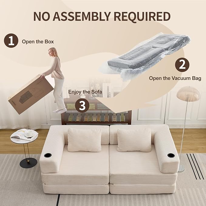 78" W Loveseat Sofa, 4 in 1 Convertible Floor Sofa Bed, Boneless Cloud Couch with Cup Holder, Fold Out Floor Couch, Loveseat Recliner Sleeper for Living Room Bedroom Lounge(Corduroy, White)-CasaMuseHome