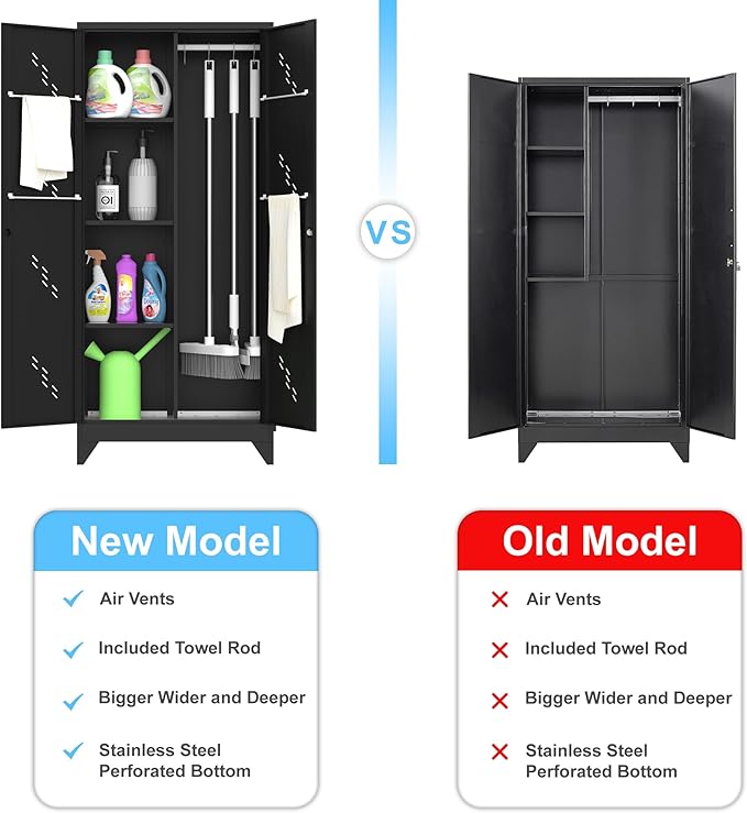 71'' Metal Storage Cabinet with Doors, Multifunctional Bathroom/Garage Lockable Steel Cabinet, Broom Closet Storage with Hanging Rod (Style-1)-CasaMuseHome