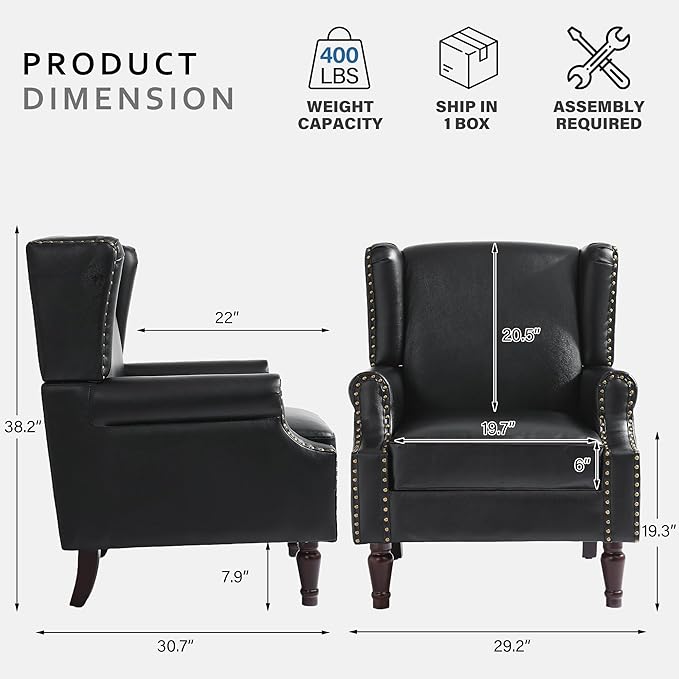 Accent Chairs, Faux Leather High Back Armchair Set of 2 or Living Room, Comfy Upholstered Single Sofa Reading Chairs with Solid Wood Legs for Office, Bedroom, Waiting Room-Black-CasaMuseHome
