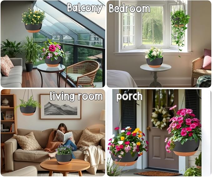 2 Pack 12 Inch Large Hanging Planters with Chains Self Watering Black Brown Plastic Hanging Pots for Indoor Outdoor Plants, Garden Porch Home Decor，Black Brown-CasaMuseHome