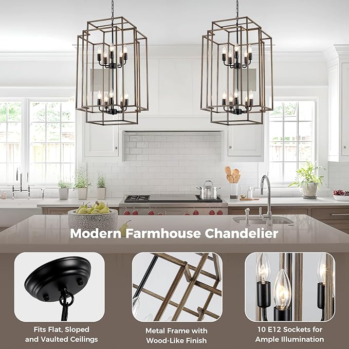 30" Black Farmhouse Chandelier, 10-Light Foyer Lighting Fixtures, Lantern Tiered Pendant Light Fixtures, Metal Wood Grain Finish Rustic High Ceiling Chandelier for Dining Room Entryway Staircase-CasaMuseHome
