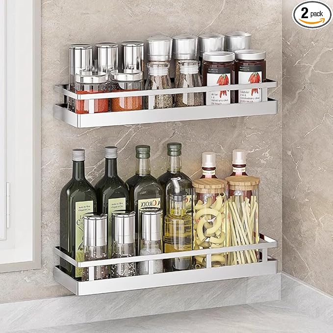2PCS Kitchen Spice Rack, SUS304 Stainless steel Wall Mount Storage Rack, Seasoning Container, 15.7Inch Spice Organizer, Kitchen Seasoning Hanging Rack, Bathroom Shelf for Storing Toiletries-CasaMuseHome