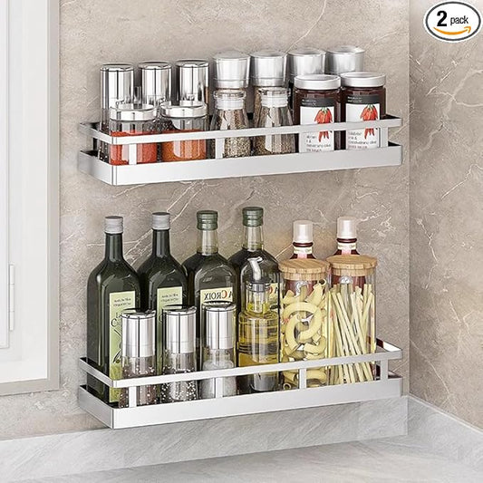 2PCS Kitchen Spice Rack, SUS304 Stainless steel Wall Mount Storage Rack, Seasoning Container, 15.7Inch Spice Organizer, Kitchen Seasoning Hanging Rack, Bathroom Shelf for Storing Toiletries-CasaMuseHome