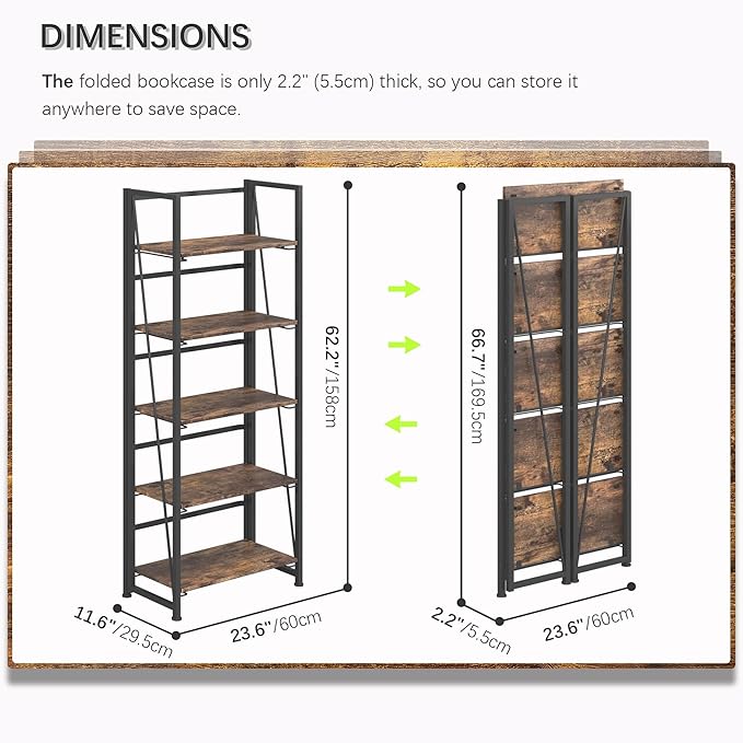 4NM No Assembly Foldable Bookshelf, 5-Shelf Collapsible Bookcase Storage for Small Spaces, 62.2" H, Rustic Brown and Black-CasaMuseHome