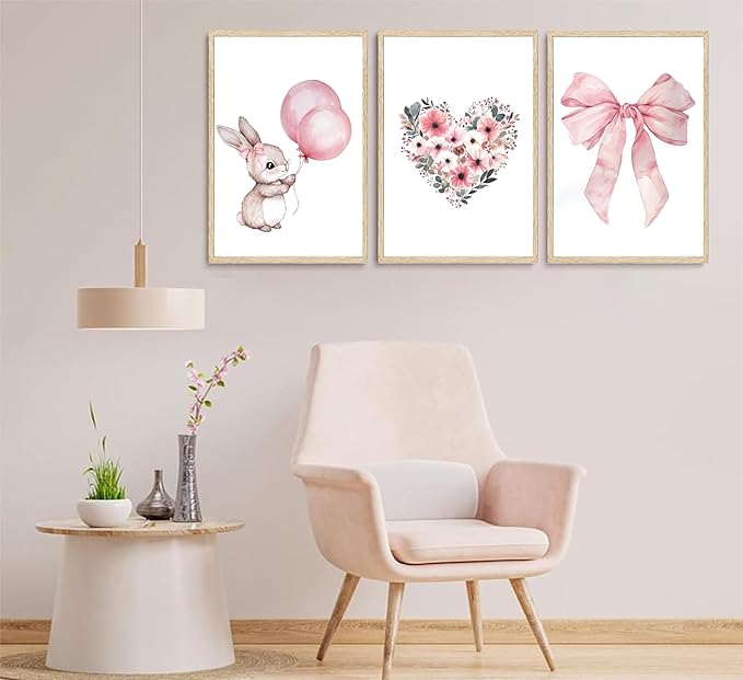 3Pcs Cute Bunny Canvas Wall Art Pink Bow Easter Poster Prints Love Wildflowers Picture Decoration for Nursery Girl Bedroom Children's Room Easter Gifts for Kids Unframed-CasaMuseHome