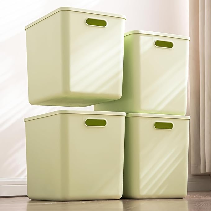 4 pack large plastic White storage bins Baskets, Toy Box Chest with Lids and Handle，Organizer Containers for Baby，Kids,snacks,Nursery，Shelves，Playroom, Bedroom，Office,Closet，home-CasaMuseHome