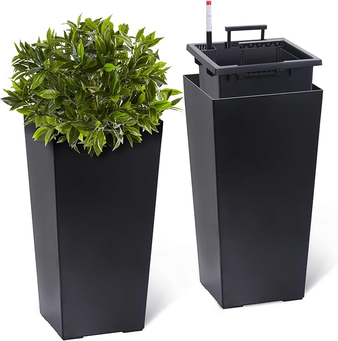 22.5" Tall Planters Set of 2, Outdoor＆Indoor Black Planter Pots, High Front Porch Planter Pots with Drainage Holes＆Water Level Monitor＆Inner Bucket, Automatic Watering, Black-CasaMuseHome