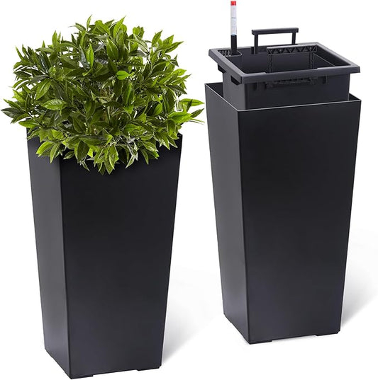 22.5" Tall Planters Set of 2, Outdoor＆Indoor Black Planter Pots, High Front Porch Planter Pots with Drainage Holes＆Water Level Monitor＆Inner Bucket, Automatic Watering, Black-CasaMuseHome