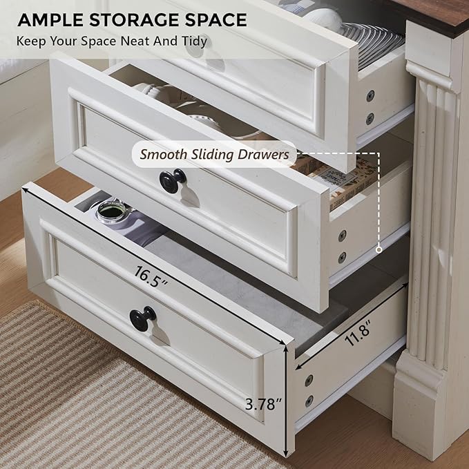 26" Tall Farmhouse Nightstand Set of 2, 3 Drawers End Table w/Charging Station, 23.6" Wide Large Side Table w/Roman Column, Wood Rustic Sofa Table for Bedroom, White-CasaMuseHome