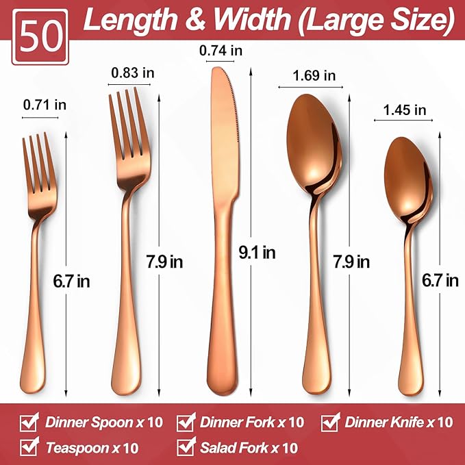 50 Pcs Rose Gold Silverware Set for 10, Food Grade Stainless Steel Flatware Set, Eating Utensils Sets Include Fork/Knife/Spoon,Home Kitchen Tableware Set, Reusable Cutlery Set, Dishwasher Safe-CasaMuseHome