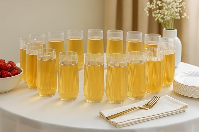24 Pack Ribbed Ripple Stemless Toasting Glasses, Origami Durable 9 Oz BPA-Free Disposable Plastic Champagne Flutes for Weddings, Bars, Events, and Celebrations (Clear)-CasaMuseHome