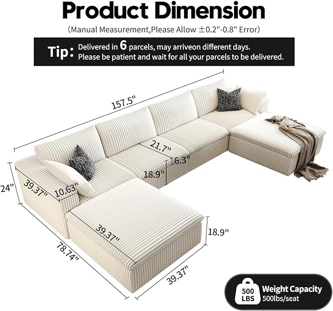 157.5" Cloud Couch Oversized Modular Sectional Sofa for Living Room,Modern Sofa with Deep Seat，U-Shape Boneless Couch with 2 Ottoman,Comfy Upholstered Couches for Apartment, Studio, Office,White-CasaMuseHome
