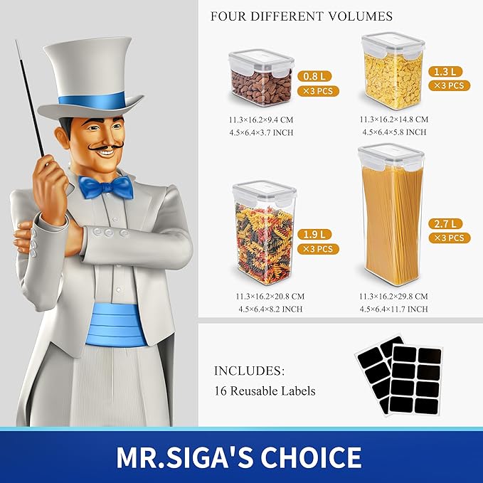 MR.SIGA 12 Pack Airtight Food Storage Container Set, BPA Free Kitchen Pantry Organization, Kitchen Canisters for Cereal, Spaghetti, includes 16 Reusable Sticker Labels-CasaMuseHome