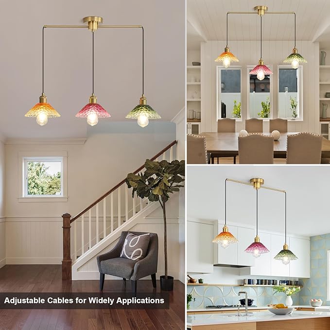 3-Light Pendant Lights Kitchen Island, Ceiling Hanging Lighting Fixtures, Colorful Vintage Glass Shade Pendants, Modern Gold Dining Room Chandeliers Height Adjustable for Farmhouse Living Room-CasaMuseHome