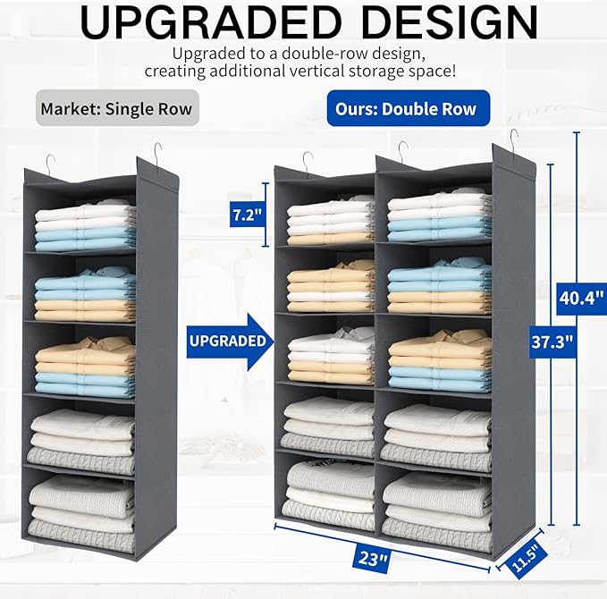 5 Tier Shelf Hanging Closet Organizer, Dual-Row 10 Pocket Cloth Hanging Shelf with 3 Sturdy Hooks for Storage, Foldable (Grey)-CasaMuseHome
