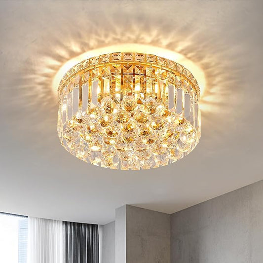 4-Light Gold Crystal Chandeliers Flush Mount Chandelier Light Fixture with K9 Crystals Modern Ceiling Lights Elegant Round Lamp for Bedroom,Hallway,Bar,Living Room,Dining Room,H5.9 xW13.7-CasaMuseHome