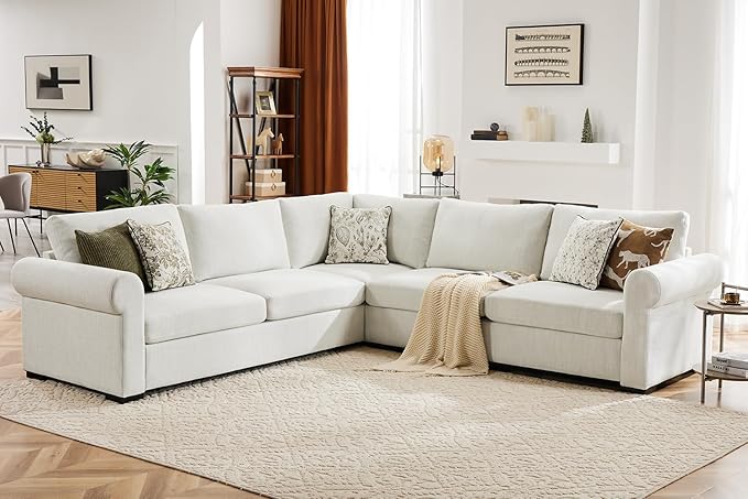 L Shaped Sectional Sofa with Detachable Sofa Cover,Rolled Armrest,Sectional Modular Couch for Living Room,Breathable Linen Fabric Corner Couch with 7 Seats for Apartment,Removable Cushion,Ivory-CasaMuseHome