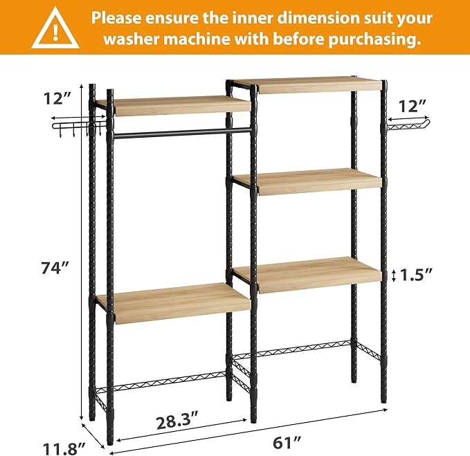 5-Tier Over-The-Washer Shelf - Adjustable 28" Laundry Organizer with 100lb Double Wood Shelves, Space-Saving Storage Unit for Small Homes (Natural & Black)-CasaMuseHome