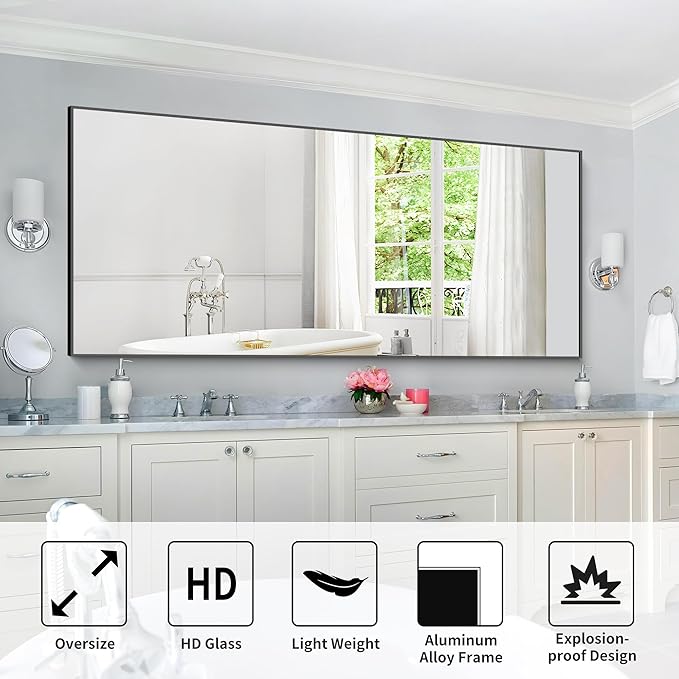 30x72inch Bathroom Mirror, Black Rectangle Mirror with Thin Frame, Large Rectangular Wall Mirror for Bathroom, Living Roomm, Hair Salon, Big Farmehouse Mirror Hang Horizontal/Vertical-CasaMuseHome