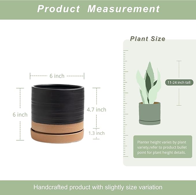 6 Inch Plant Pots, Ceramic Planter Pot with Drainage Hole & Saucer, Indoor/Outdoor Cylinder Round Planter Pot, Matte Black & Brown-CasaMuseHome