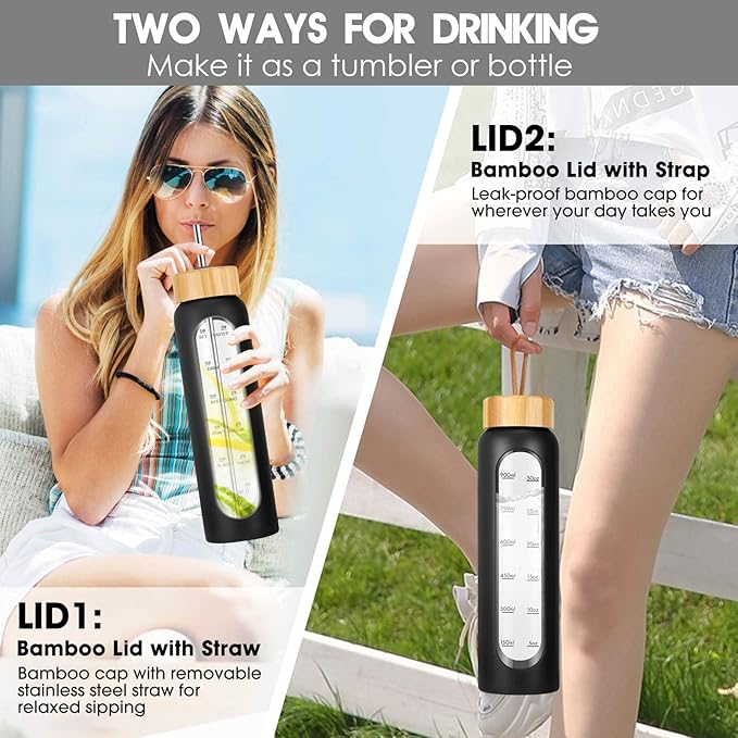 32 oz Glass Water Bottle with Straw - Motivational Time Marker & Silicone Sleeve - Reusable Tumbler Includes 2 Bamboo Lids & Fruit Infuser - 1 Pack-CasaMuseHome