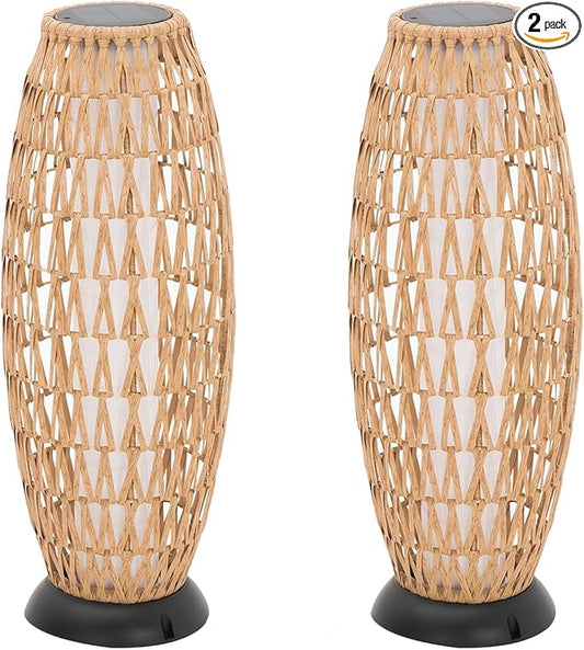 2 Pack Large Patio Solar Powered Lanterns for Garden Outdoor Decorative Floor Lamp Water-Resistant Wicker Lights for Deck Backyard-CasaMuseHome