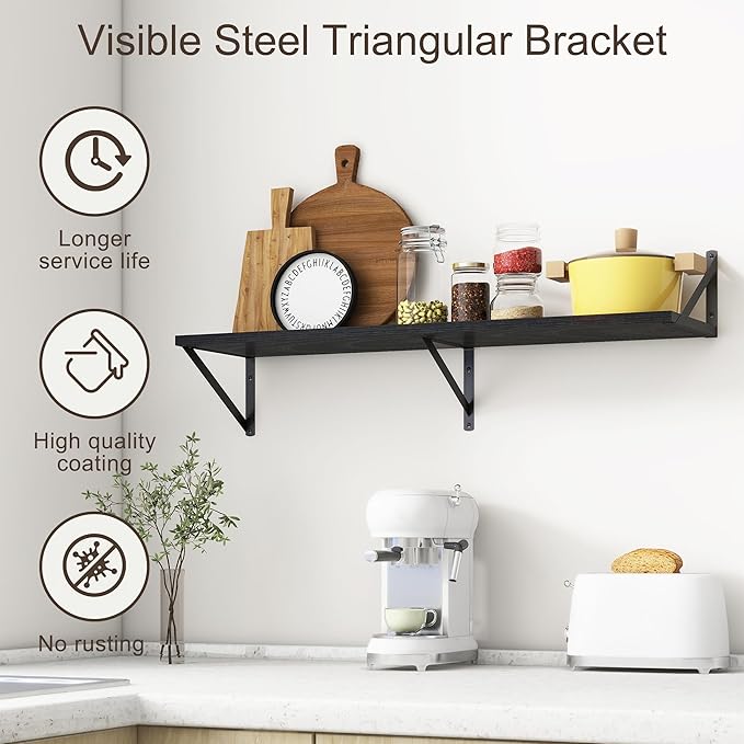 36"W x 10"D Floating Shelves, 10 Inch Deep Black Floating Shelves, Farmhouse Rustic Deep Wall Shelves for Home Decor, Wide Large Floating Shelf for Bathroom, Living Room, Kitchen, Study Room-CasaMuseHome