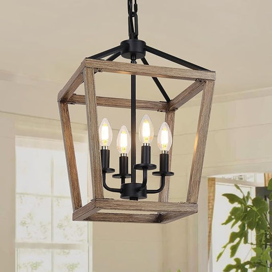 4 Light Farmhouse Chandelier, Rustic Ceiling Light Lantern Light Fixture with Wood Painted Metal Cage and Adjustable Chain, E12 Base Geometric Hanging Light Fixture for Entryway, Kitchen, Indoor-CasaMuseHome