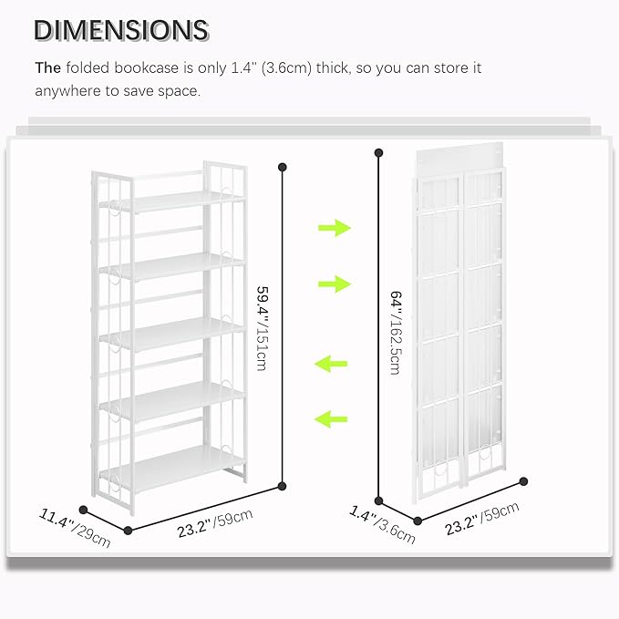 4NM No Assembly 5 Tiers Folding Bookshelf, 59.4" H Foldable Storage Shelves Vintage Bookcase Standing Racks Study Organizer Home Office - All White-CasaMuseHome