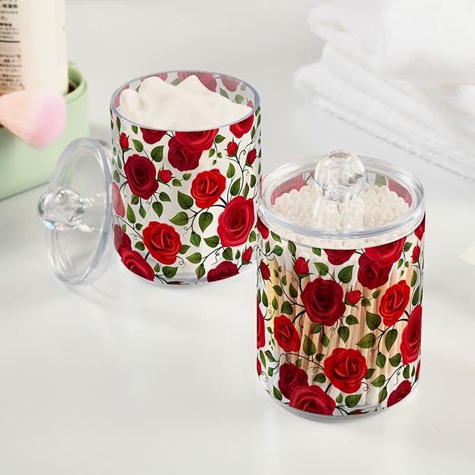 2 Pack Qtip Holder Dispenser Red Rose Flowers Bathroom Storage Canister Lid Acrylic Plastic Apothecary Jar Set Vanity Makeup Organizer for Cotton Swab/Ball/Round Pads, Floss-CasaMuseHome