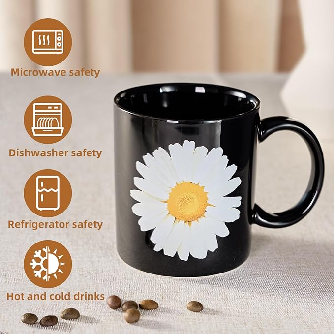 12Oz Daisy Black Ceramic Mug, Mug for Daily Coffee and Tea, Lead-free, Microwave and Dishwasher Safe Coffee Mug, Perfect gifts for women and men-CasaMuseHome