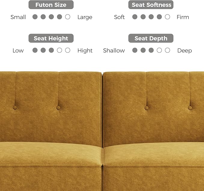 89” Futon Sofa Bed,Comfy Futon Couch Bed with 2 Square Pillows, Convertible Sleeper Sofa with Adjustable Backrest& Armrests, Modern Loveseat Sleeper for Living Room, Bedroom, Yellow-CasaMuseHome