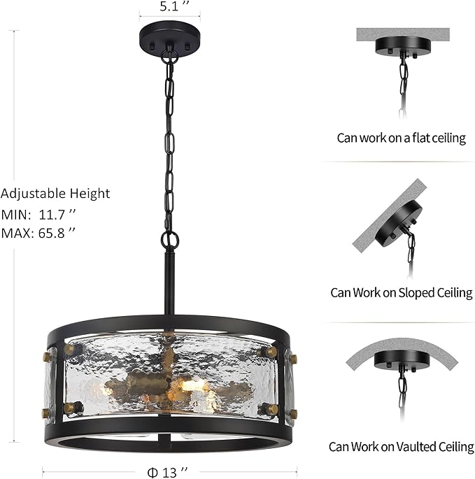 13" Industrial Drum Glass Chandelier, 3-Light Rustic Hanging Pendant Lights, Metal Round Lighting Fixture for Dining Room Foyer Entryway Hallway Bedroom, Clear Waterglass Drum Shade-CasaMuseHome