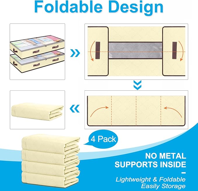 90L Under Bed Storage Containers, Closet Organizers and Storage Bins, Foldable Underbed Storage Bags for Blankets, Towels, Comforter, Sweaters, Pillows, Linen Sheets, Wrapping Paper, 4 Pack Beige-CasaMuseHome